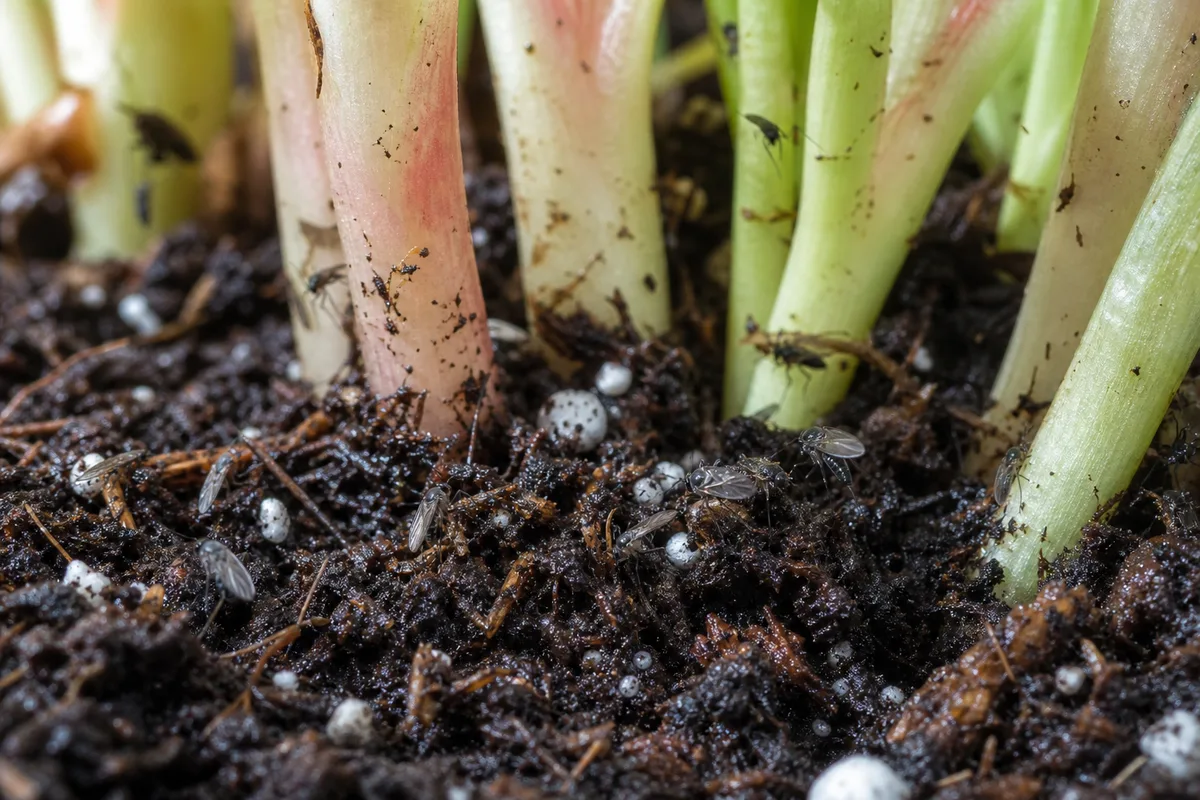 Close-up of Fungus Gnats on Aglaonema - diagnostic detail