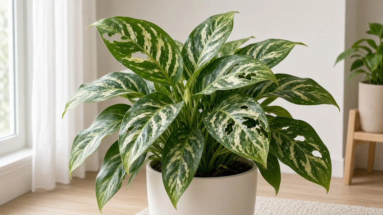 Holes in Leaves on Aglaonema - visible symptom on variegated Chinese evergreen foliage