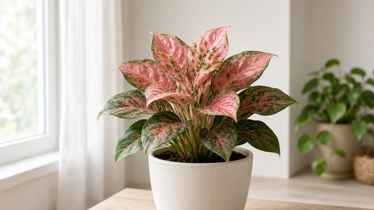 Aphids on Aglaonema Lady Valentine - soft insect clusters on new pink crown leaves