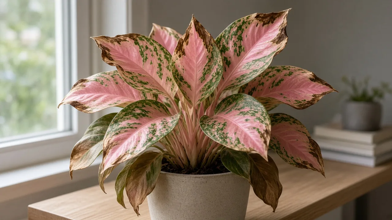 Brown Leaves on Aglaonema Lady Valentine - necrotic tissue on pink foliage