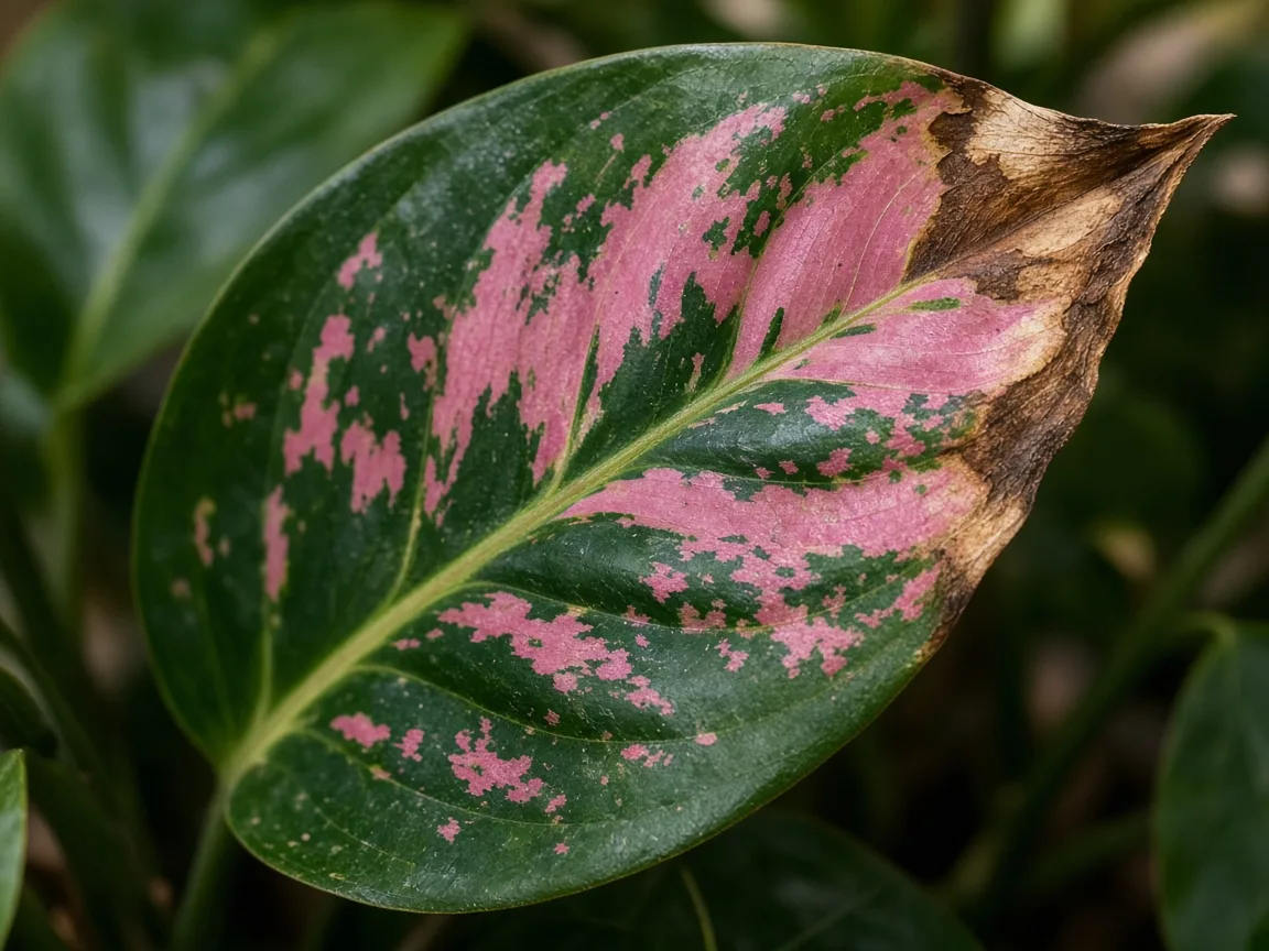 Close-up of dry brown tips on Lady Valentine rose-pink variegated leaf