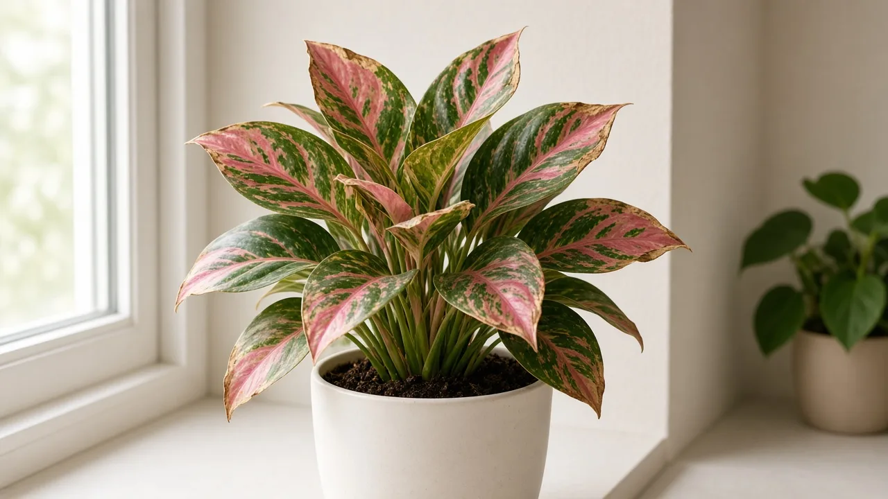 Brown Tips on Aglaonema Lady Valentine - dry crispy tips on rose-pink variegated leaves