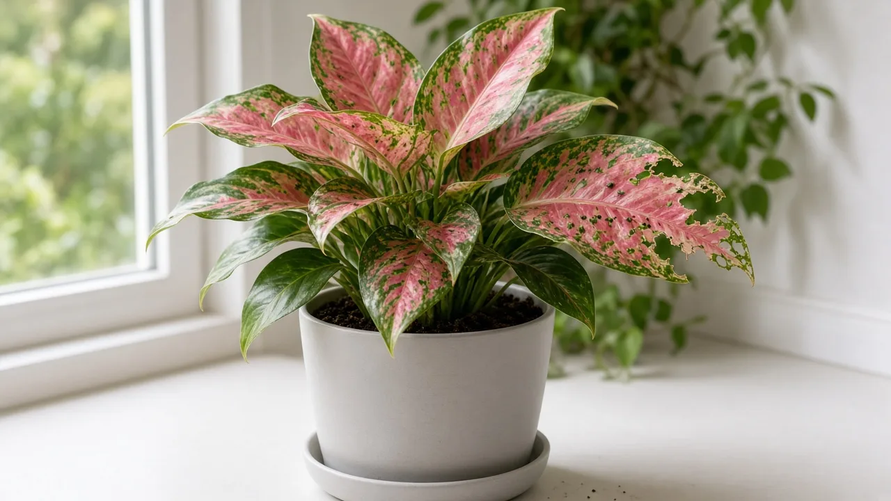 Caterpillars on Aglaonema Lady Valentine - ragged chewed notches on broad rose-pink and green leaves with dark frass pellets