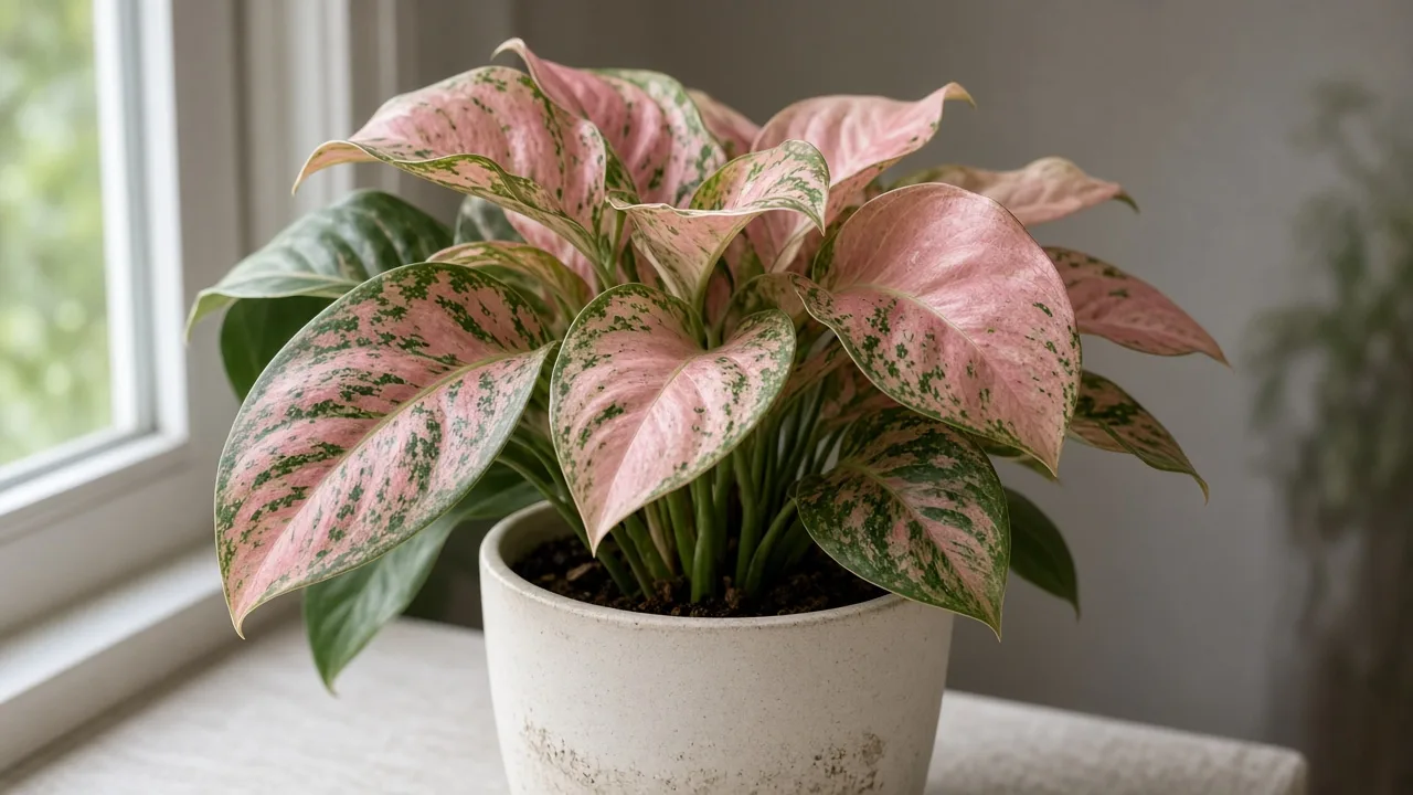 Curling leaves on Aglaonema Lady Valentine - cupped pink-splashed blades on dry pot