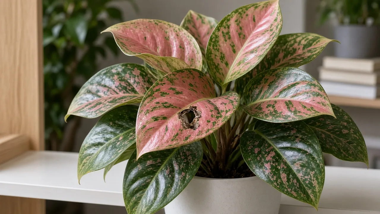Holes in leaves on Aglaonema Lady Valentine - tear in broad pink-splashed blade