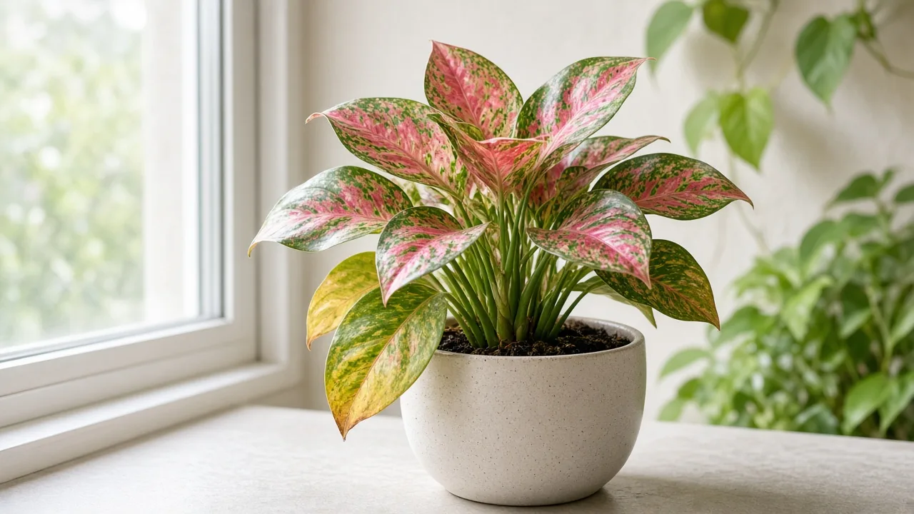 Overwatering on Aglaonema Lady Valentine - yellow lower broad leaves on a heavy pot with dark damp soil and fading pink variegation