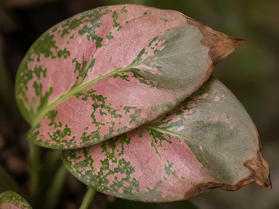 Close-up of dull rose-pink zones and crisp brown tips on drooping Aglaonema Lady Valentine leaves