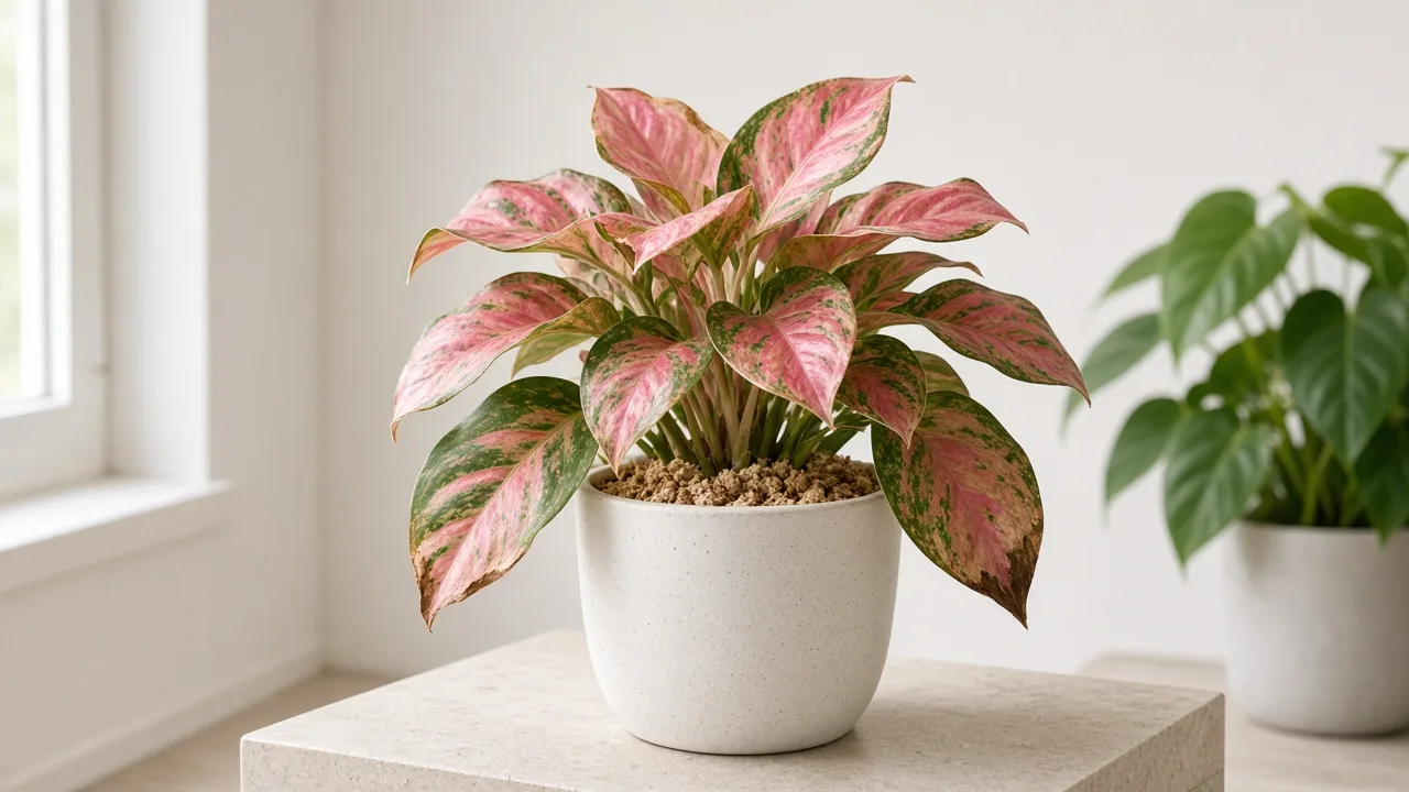 Underwatering on Aglaonema Lady Valentine - drooping broad leaves with dull rose-pink zones and crisp brown tips on a light dry pot