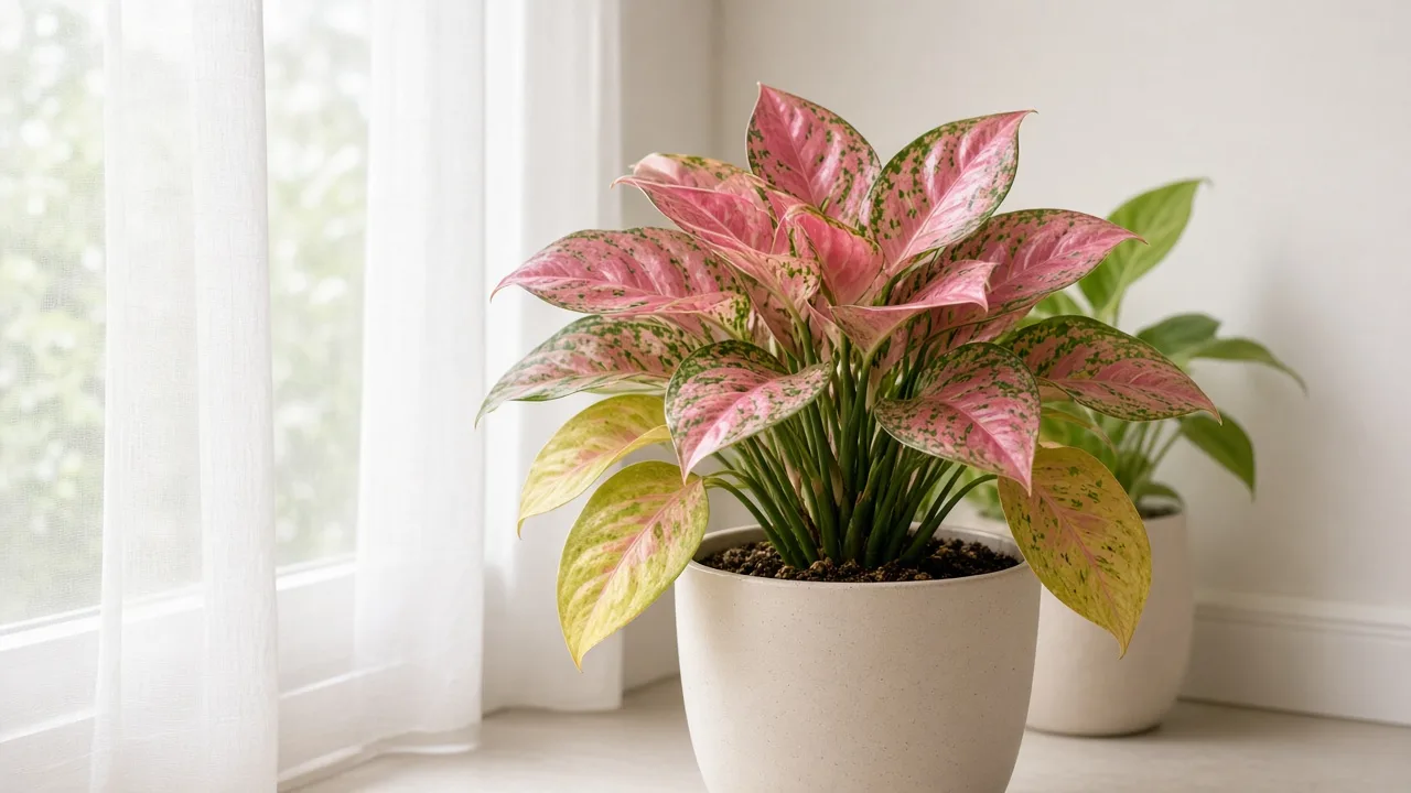 Yellow leaves on Aglaonema Lady Valentine - yellow lower broad leaves on a pink-variegated Chinese evergreen in bright indoor light