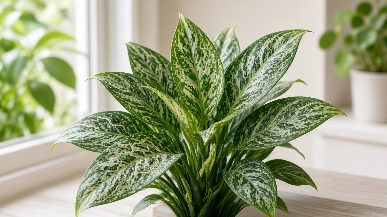 Leaf miners on Aglaonema - pale serpentine tunnels winding through patterned Chinese evergreen lance leaves