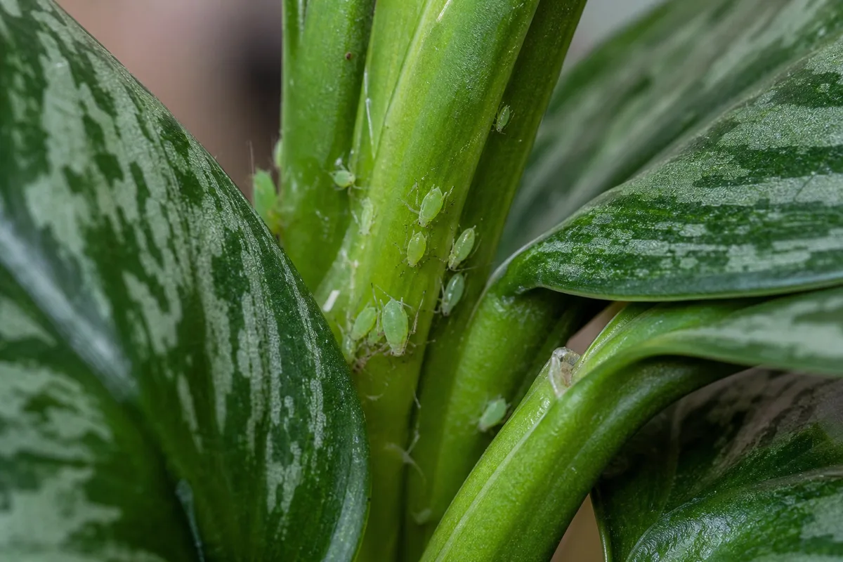 Close-up of Aphids on Aglaonema Maria - diagnostic detail