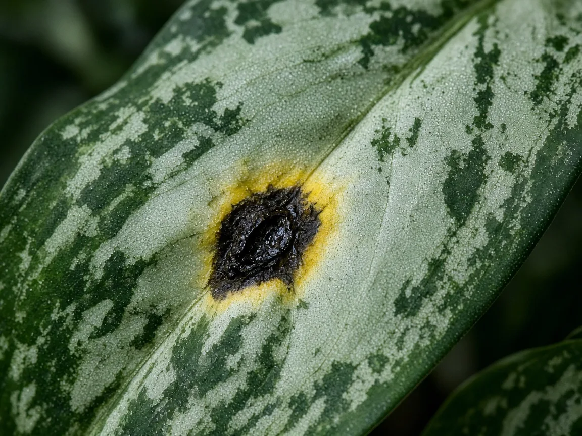 Close-up of black spots on Aglaonema Maria - water-soaked dark lesion on marbled blade