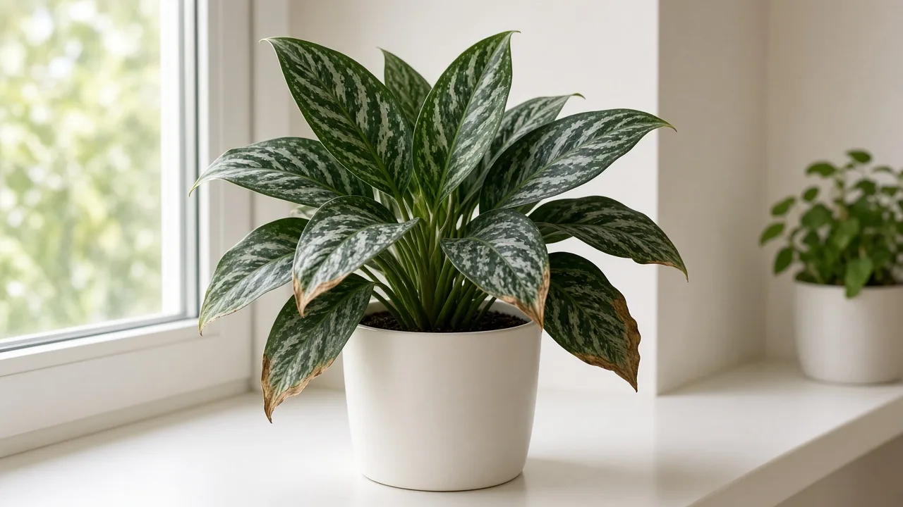 Brown leaves on Aglaonema Maria - crispy necrotic tissue on dark green and silver marbled blades