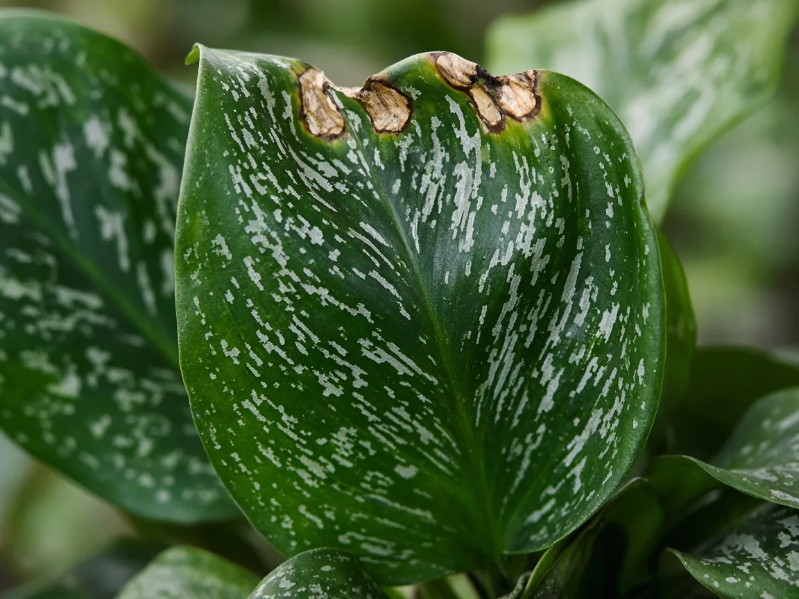 Close-up of cupped margin-burned new Maria crown leaf with silver speckling