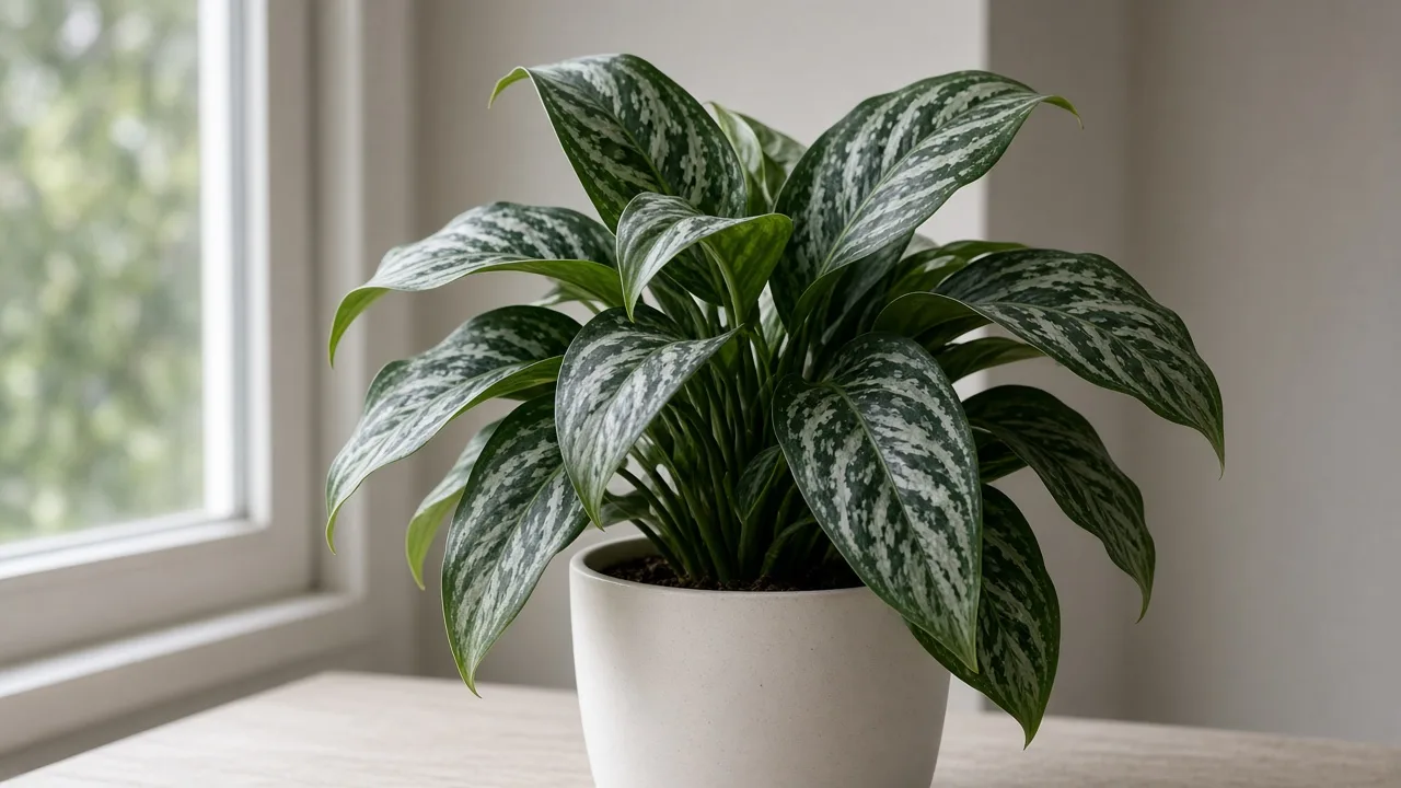 Curling leaves on Aglaonema Maria - cupped silver-marbled blades on dry pot
