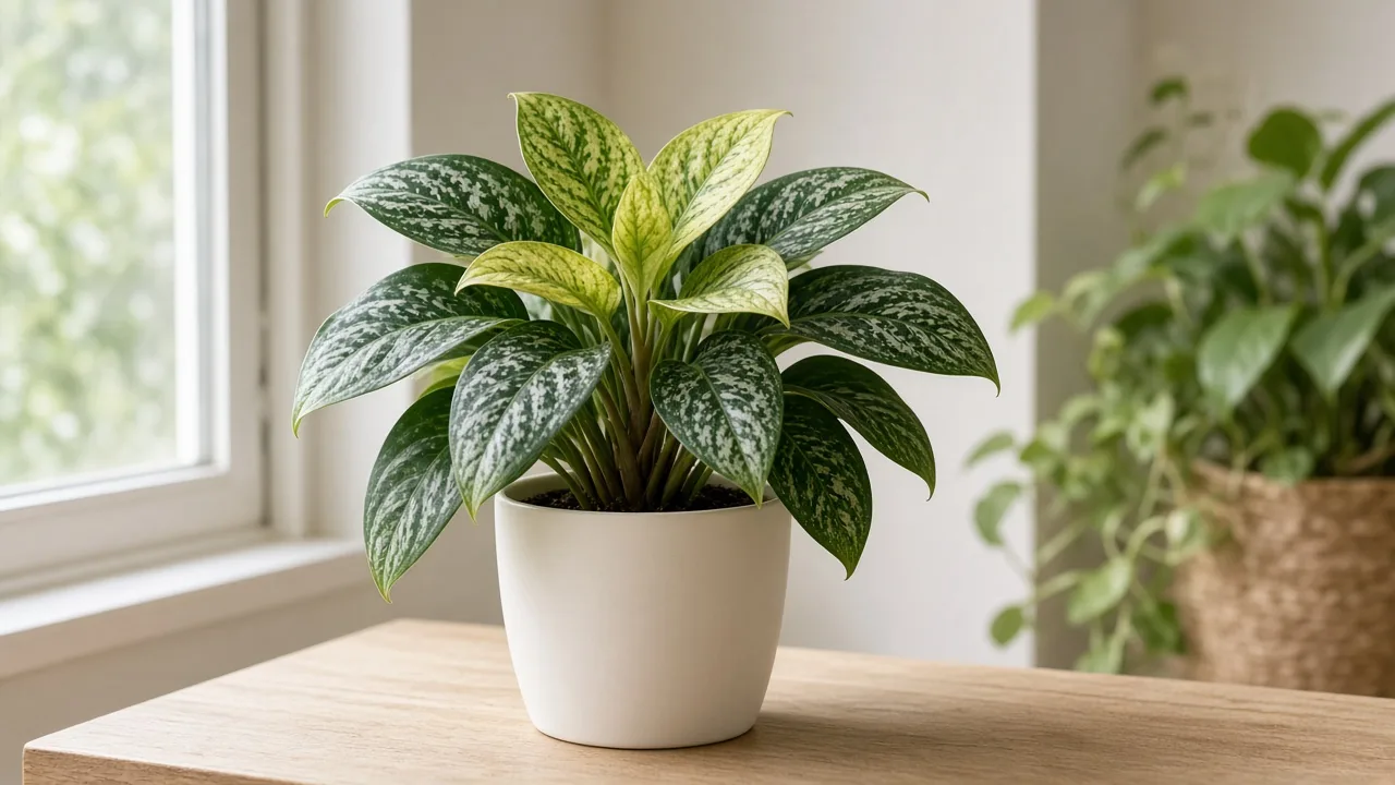 Iron deficiency on Aglaonema Maria - pale new broad oval crown leaf with green veins and faded silver marbling