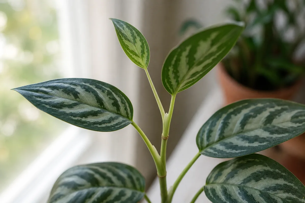 Close-up of leggy growth on Aglaonema Maria - elongated petioles with wide leaf spacing and muted silver striping