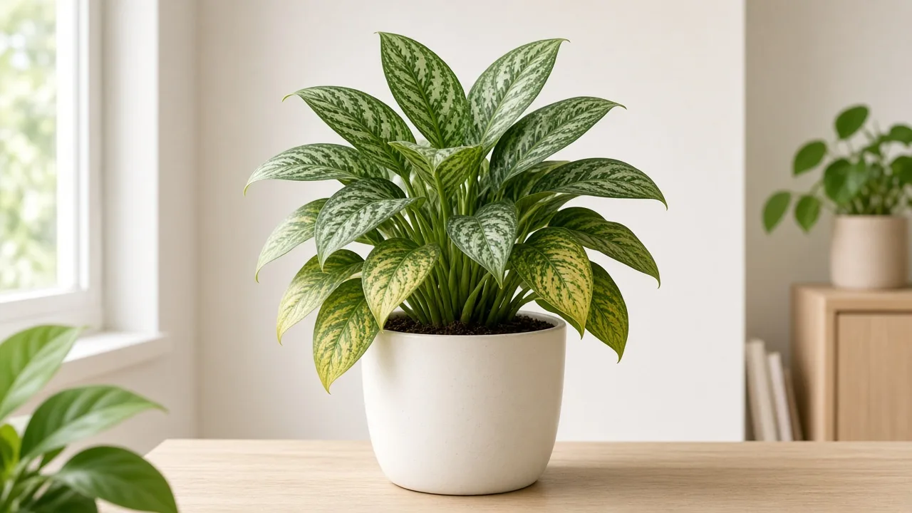 Magnesium deficiency on Aglaonema Maria - yellow between green veins on older lower broad oval leaves