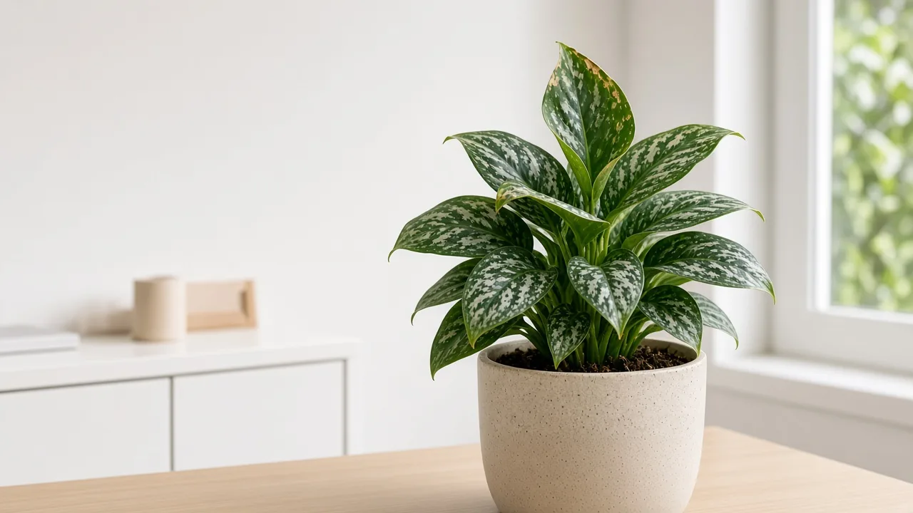 Nitrogen deficiency on Aglaonema Maria - pale oldest lower broad oval leaves on dark silver-speckled Chinese evergreen
