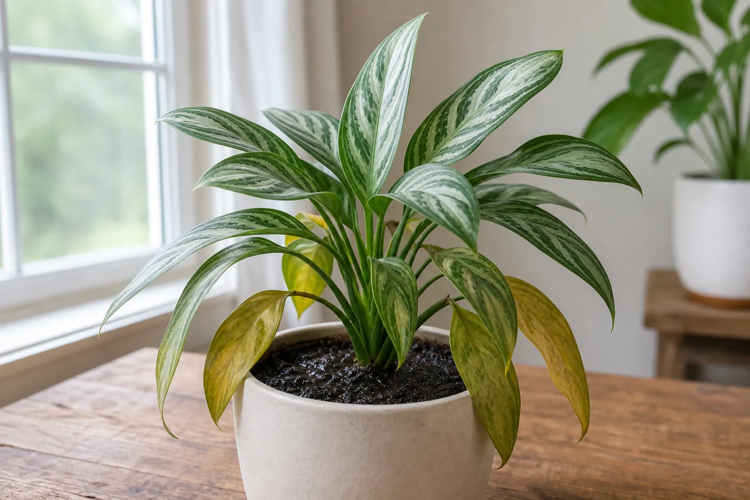 Overwatering on Aglaonema Maria - yellowing lower leaves with limp foliage on damp potting soil