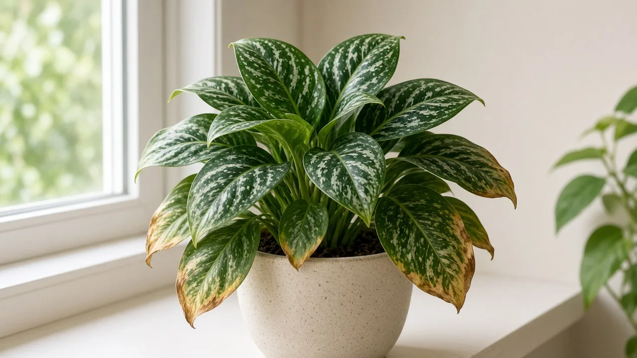 Potassium deficiency on Aglaonema Maria - scorched margins on older lower broad oval leaves