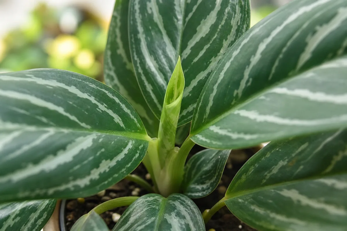 Close-up of slow growth on Aglaonema Maria - compact crown with short petioles and a tiny emerging leaf bud