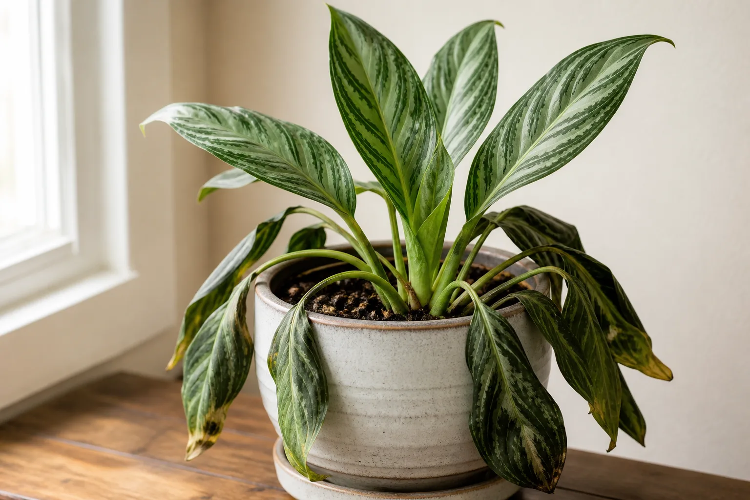 Wilting on Aglaonema Maria - limp lower silver-striped leaves on damp potting soil