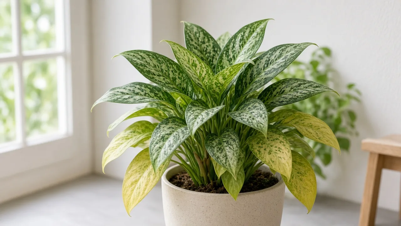 Nitrogen deficiency on Aglaonema - pale oldest lower lance leaves on a Chinese evergreen clump
