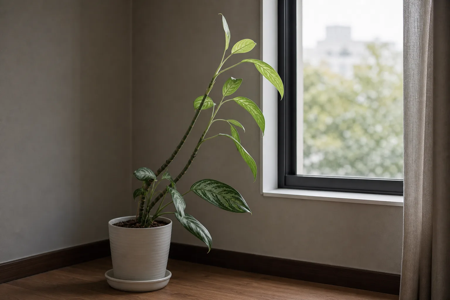 Not enough light on Aglaonema - elongated stems with small pale leaves leaning toward a window