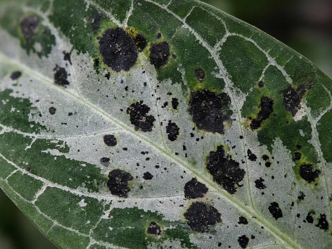 Close-up of black spots on Aglaonema Pictum Tricolor — water-soaked lesions on variegated foliage