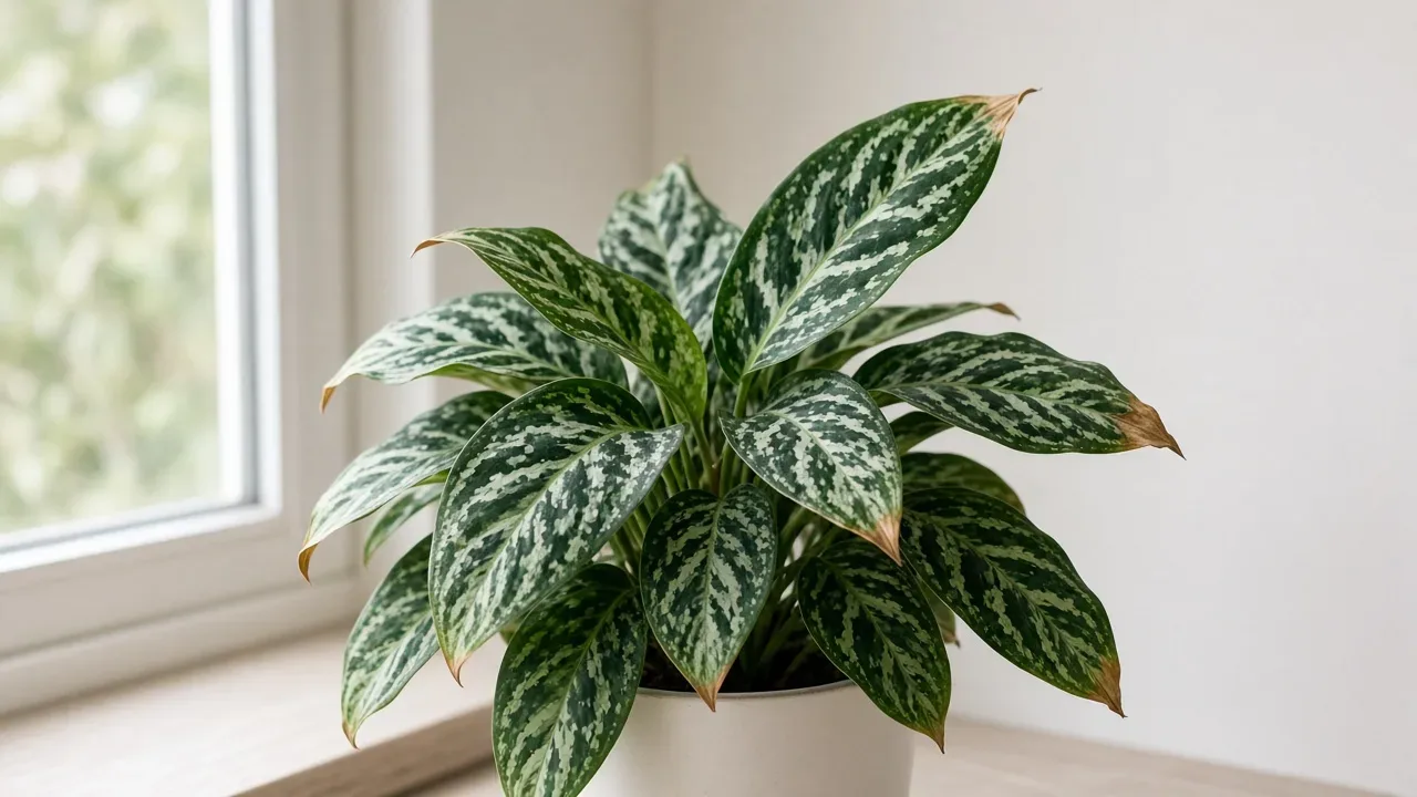 Brown Tips on Aglaonema Pictum Tricolor - dry crispy tips on camouflage silver-veined leaves