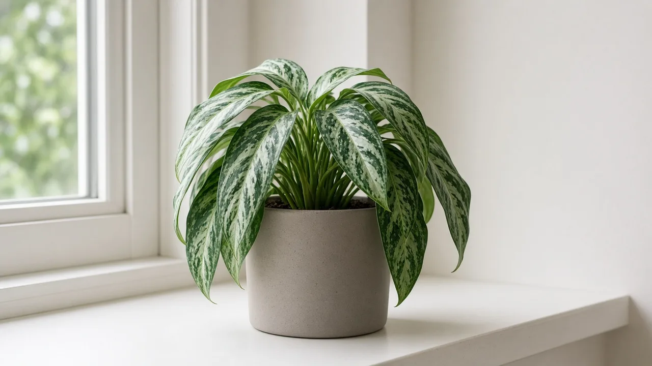 Drooping leaves on Aglaonema Pictum Tricolor - camouflage-pattern Chinese evergreen foliage hanging limp from short petioles