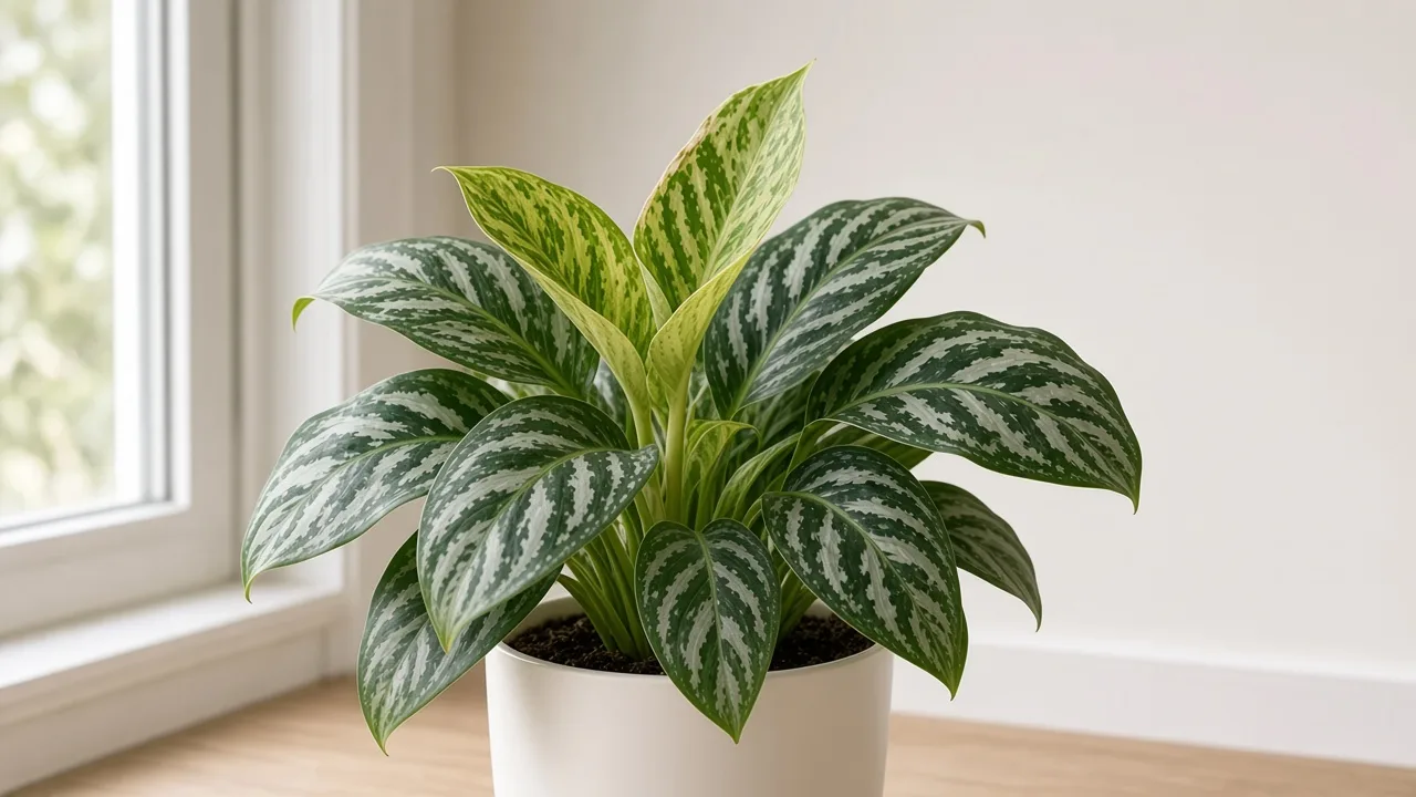 Iron deficiency on Aglaonema Pictum Tricolor - pale new camouflage leaf with green veins at the crown flush