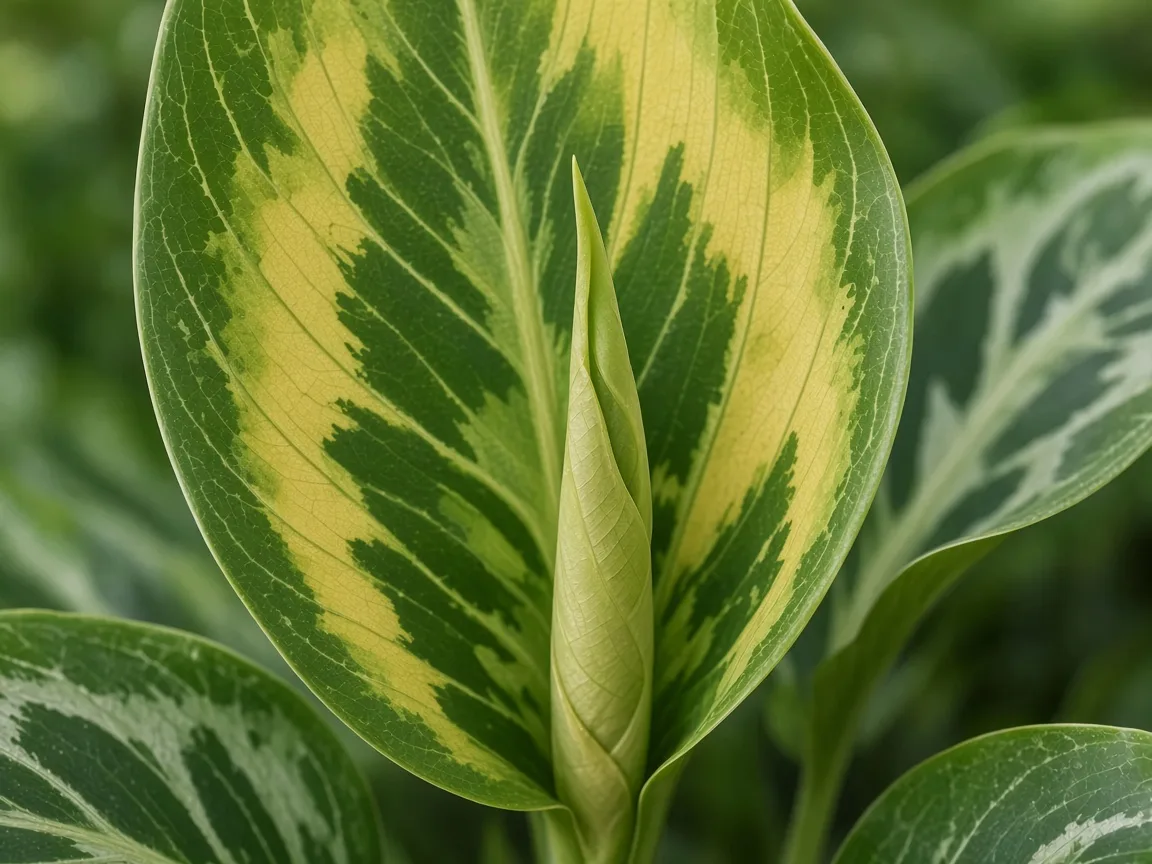 Close-up of pale oldest lower Pictum Tricolor camouflage blade with faded silver veining