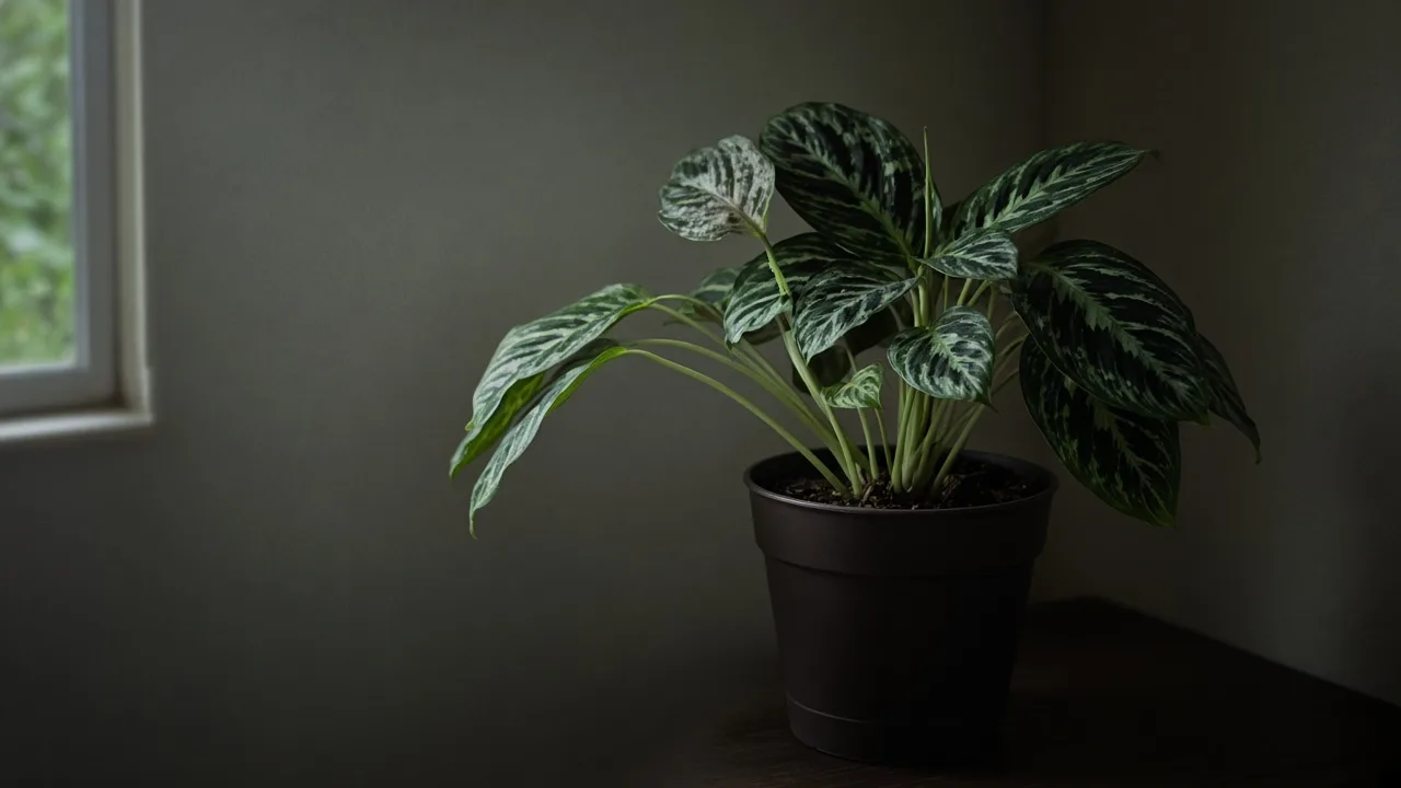 Not enough light on Aglaonema Pictum Tricolor - leggy camouflage leaves with faded silver veining in a dim indoor corner
