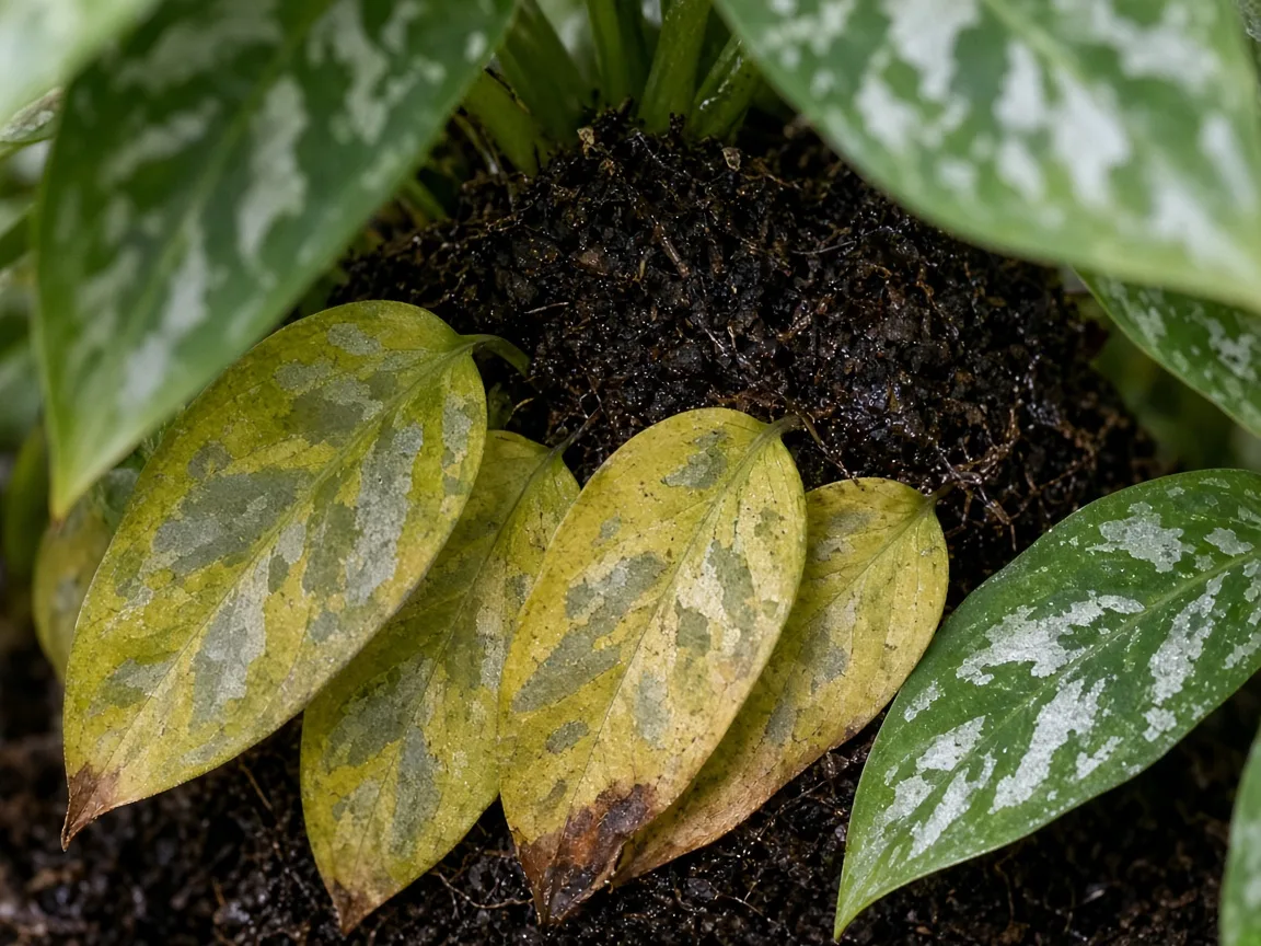 Close-up of yellow lower camouflage leaf with dulled silver veining on Aglaonema Pictum Tricolor