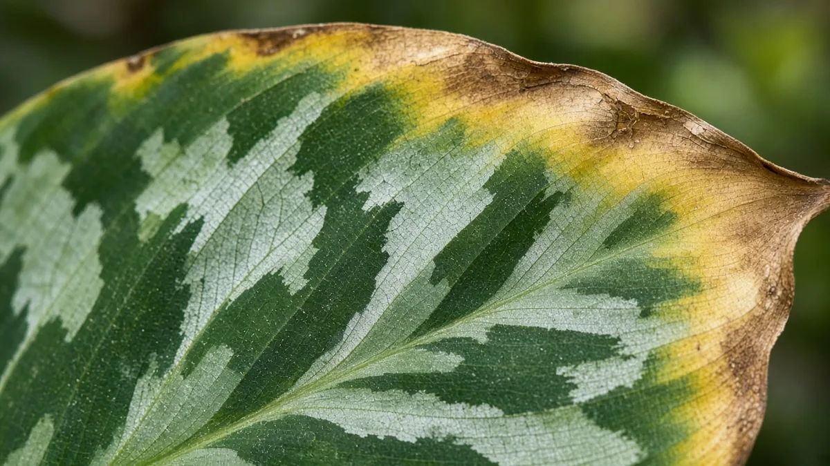 Close-up of yellow-tan scorch along the outer margin of an older Aglaonema Pictum Tricolor camouflage leaf with silver veining still visible in the green interior tissue