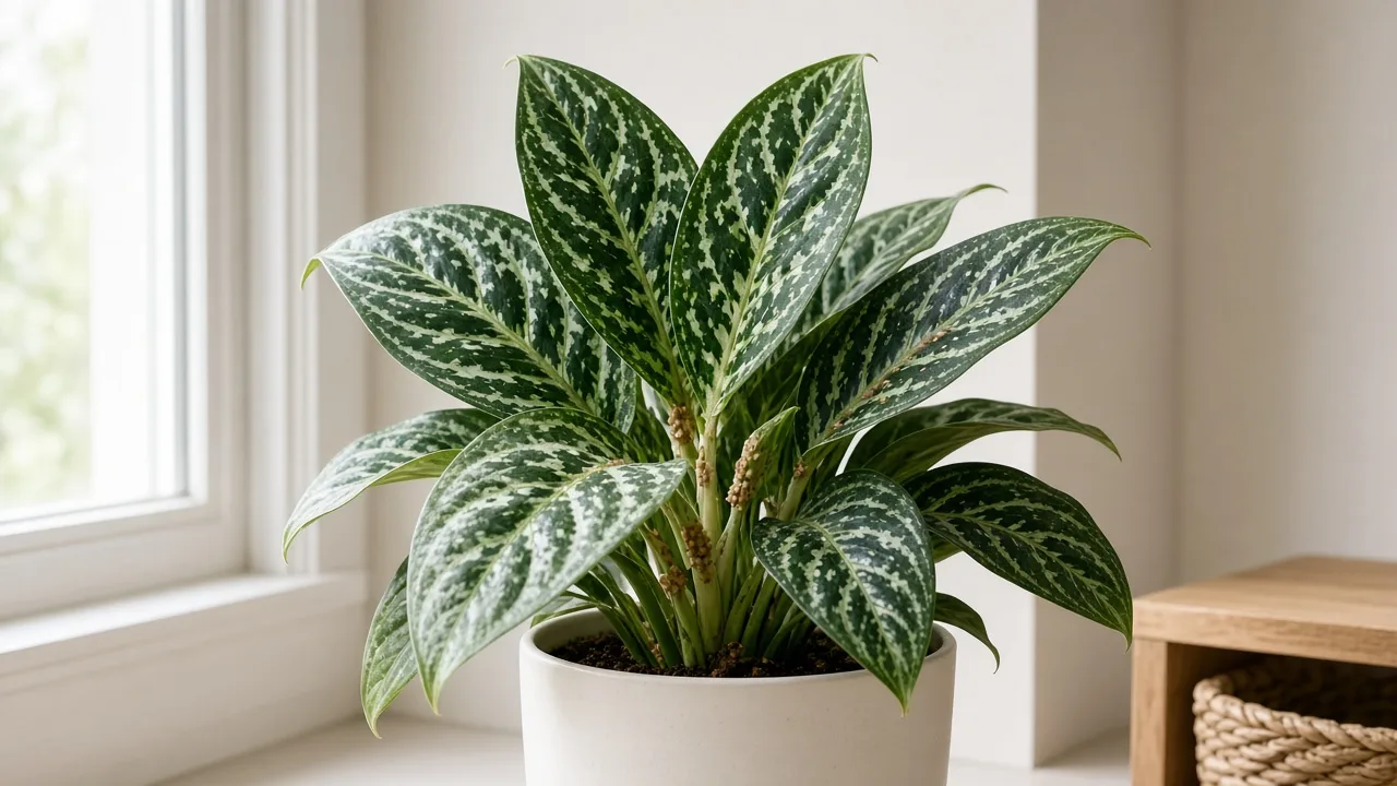 Scale insects on Aglaonema Pictum Tricolor - tan bumps on camouflage-pattern Chinese evergreen petiole bases