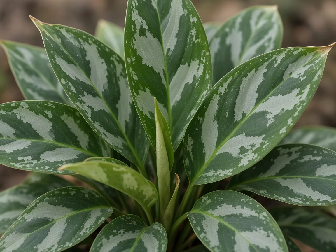 Close-up of Aglaonema Pictum Tricolor crown center with tight camouflage spear leaf spacing and no fresh blade emerging