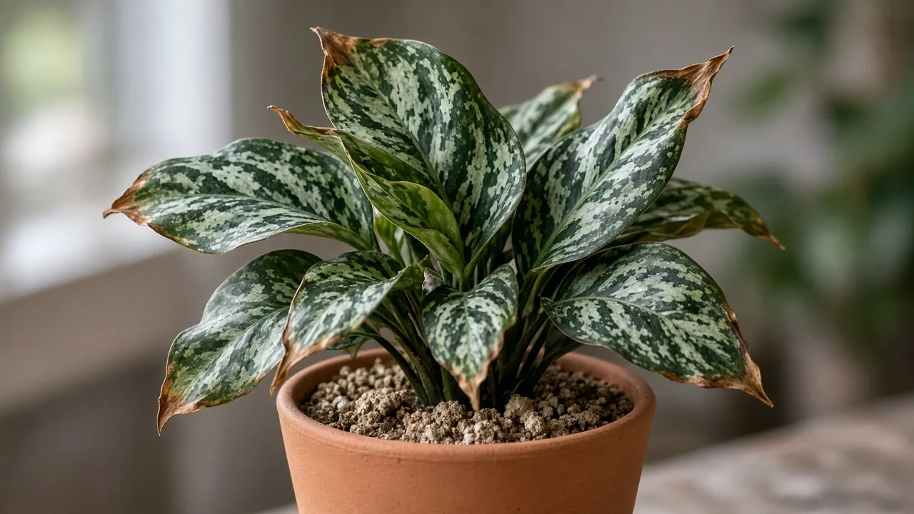 Underwatering on Aglaonema Pictum Tricolor - curled firm camouflage leaves with dull silver veining and crisp brown tips on a light dry pot
