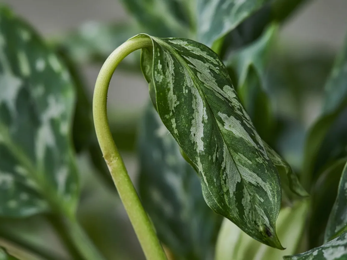 Close-up of wilting on Aglaonema Pictum Tricolor - limp collapsed petiole and drooping camouflage-pattern leaf at the crown