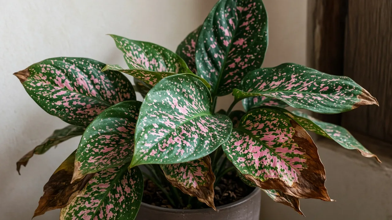Brown Leaves on Aglaonema Pink Dalmatian - visible symptom on variegated Chinese evergreen foliage