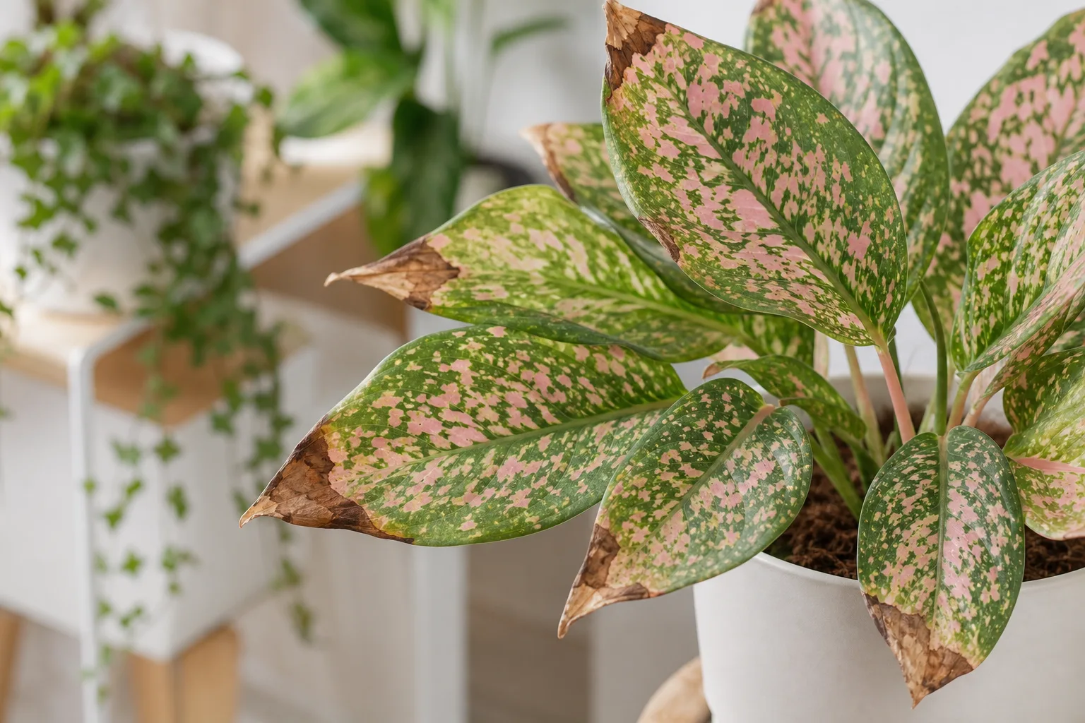 Brown tips on Aglaonema Pink Dalmatian - visible symptom on pale pink speckles and central vein
