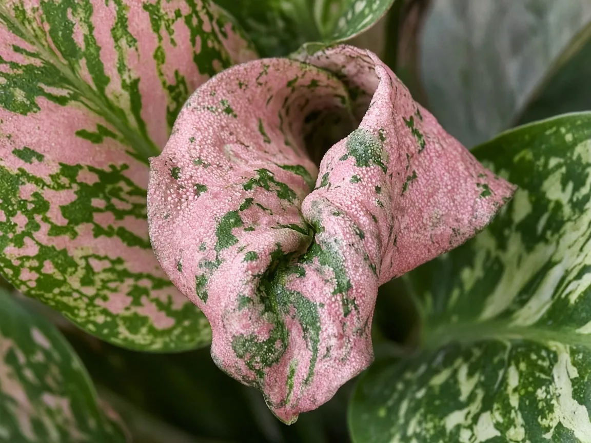 Close-up of distorted leaves on Aglaonema Pink Dalmatian - puckered pink-speckled leaf surface and twisted new tip