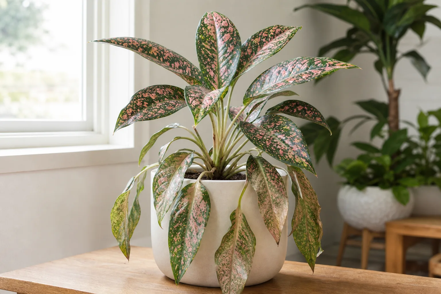 Drooping leaves on Aglaonema Pink Dalmatian - limp lower foliage with faded pink speckles on dark green blades