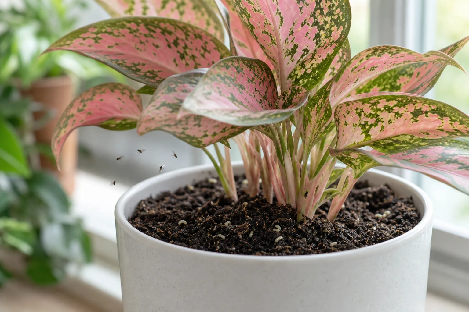 Fungus Gnats on Aglaonema Pink Dalmatian - visible symptom on the plant