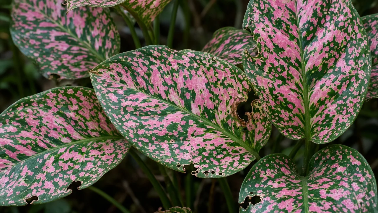 Holes In Leaves on Aglaonema Pink Dalmatian - visible symptom on variegated Chinese evergreen foliage
