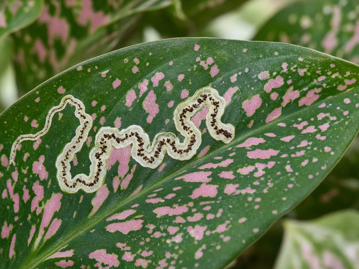 Close-up of a pale serpentine leaf miner tunnel inside a broad Aglaonema Pink Dalmatian pink-speckled and green variegated leaf