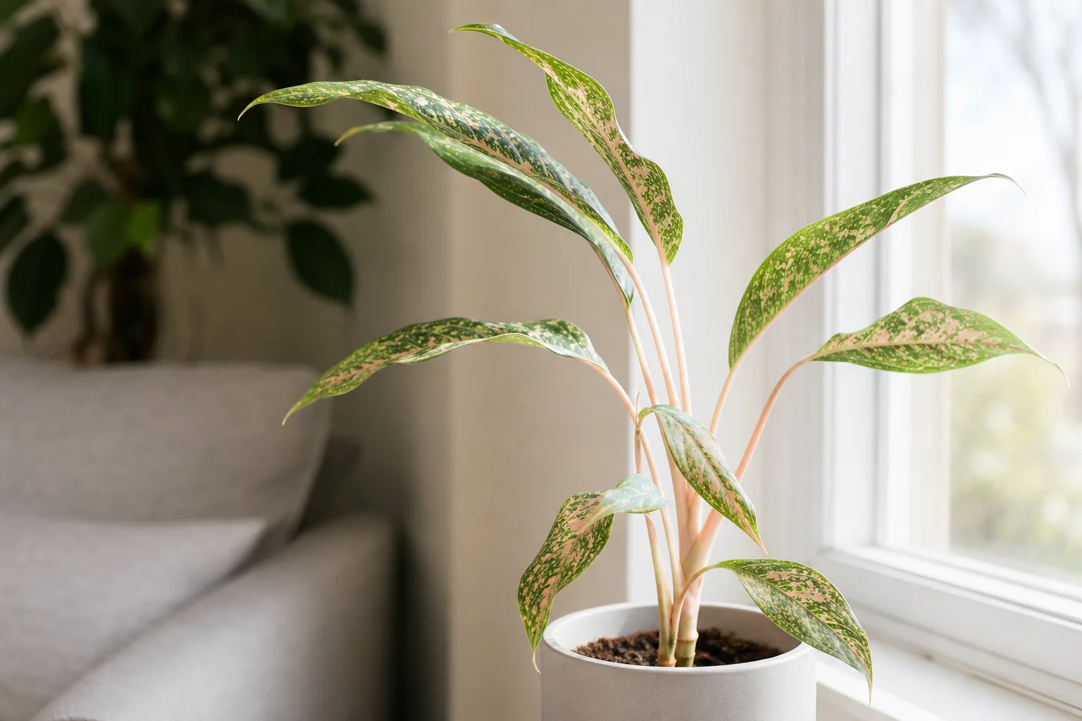 Leggy growth on Aglaonema Pink Dalmatian - elongated petioles, wide leaf gaps, and faded pink speckles leaning toward light