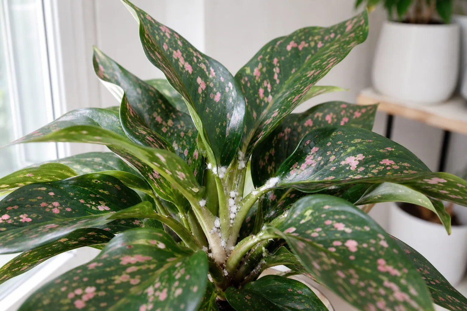Mealybugs on Aglaonema Pink Dalmatian - white cottony clusters in the crown and leaf axils of pink-speckled foliage